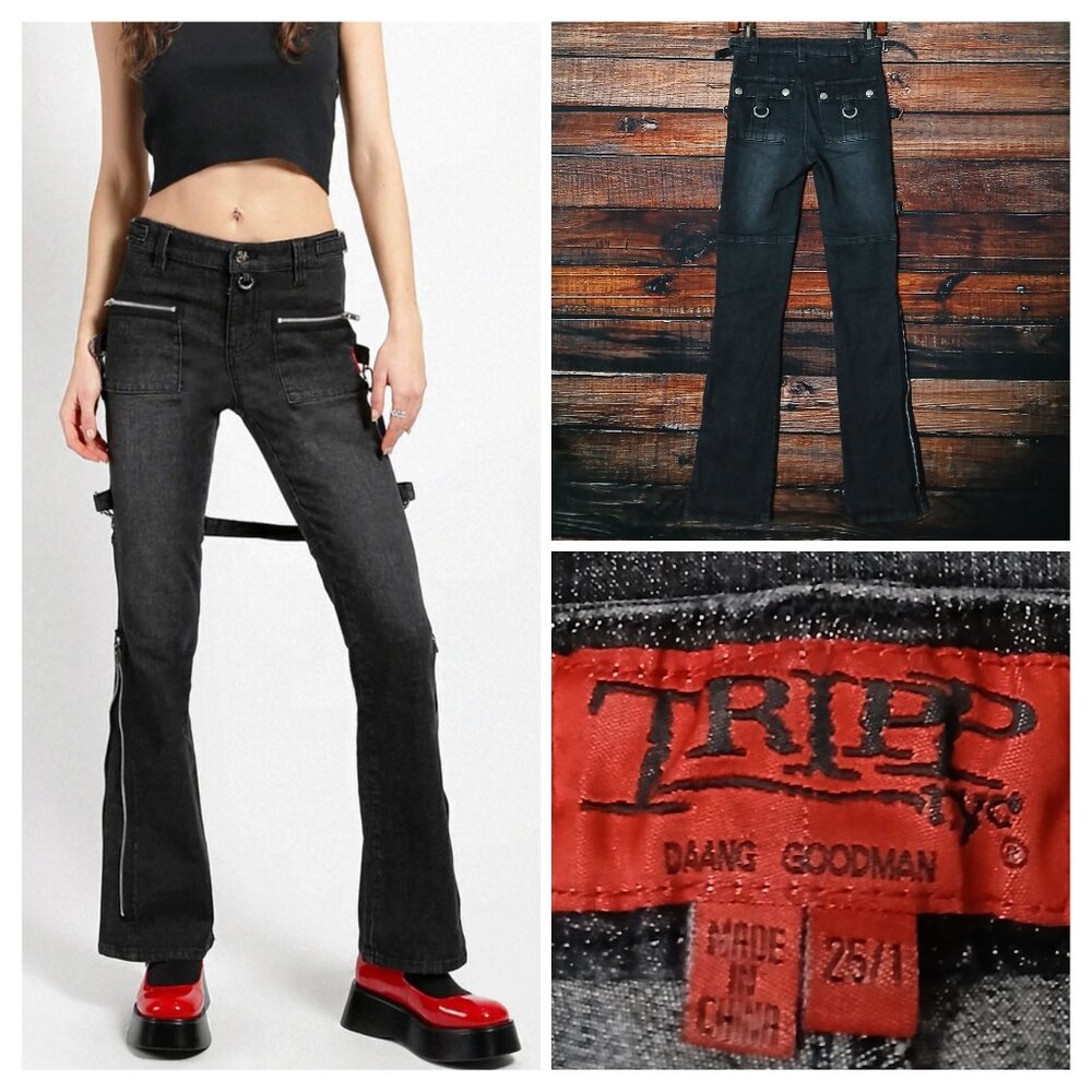 TRIPP NYC Daang Goodman Jeans 25 Night Rider Black Denim Zipper Buckle Stretch